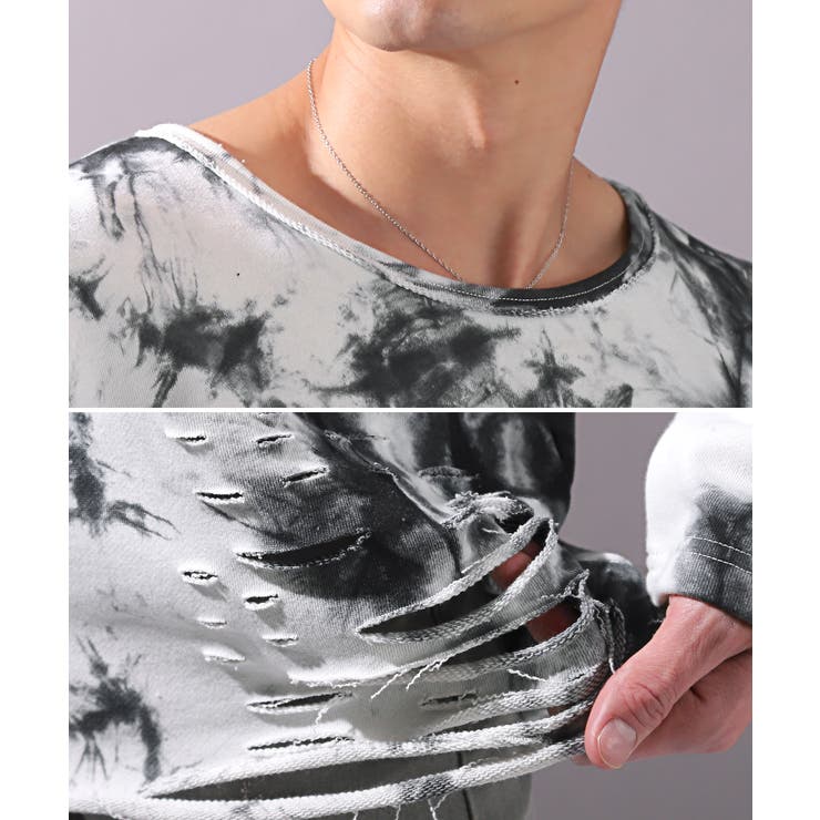 ロンT・メンズ・長袖Tシャツ・タイダイ・ムラ染め・ミニ裏毛メンズロンT・カットソー・ロング丈・ダメージ・クラッシュ加工・オーバーサイズ・白・黒・赤