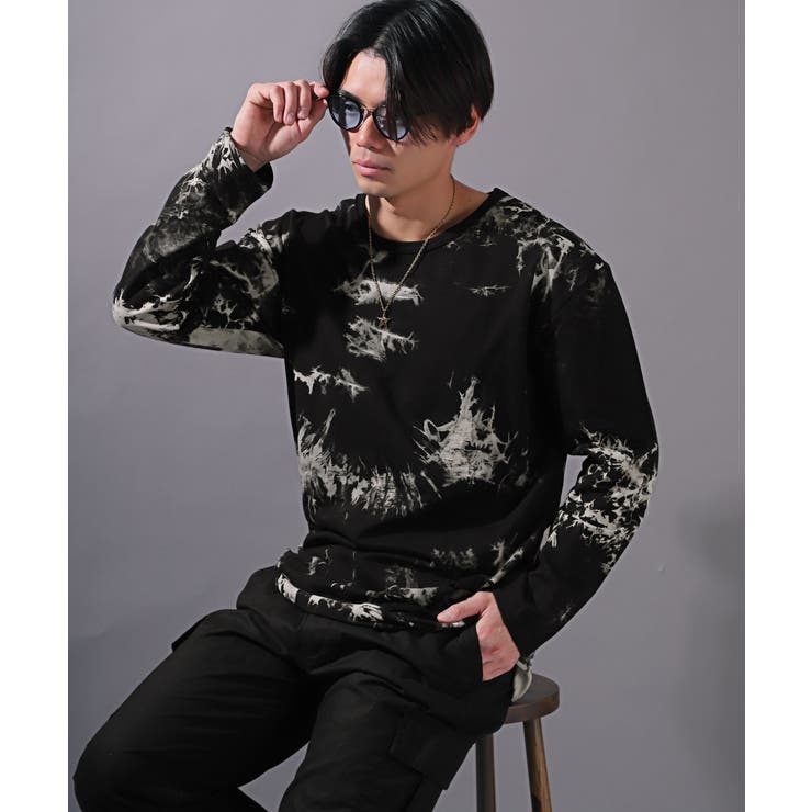 ロンT・メンズ・長袖Tシャツ・タイダイ・ムラ染め・ミニ裏毛メンズロンT・カットソー・ロング丈・ダメージ・クラッシュ加工・オーバーサイズ・白・黒・赤