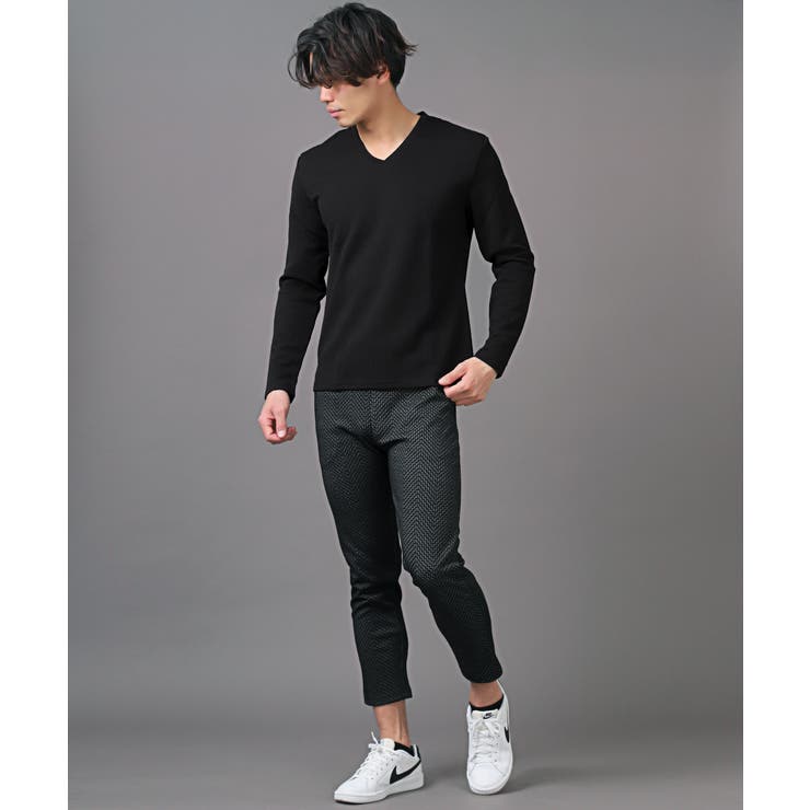 ロンT・メンズ・長袖Tシャツ・Vネック・ワッフル生地・無地・凸凹・メンズロンT・メンズTシャツ・長袖・Tシャツ・トップス・カットソー・インナー・無地T
