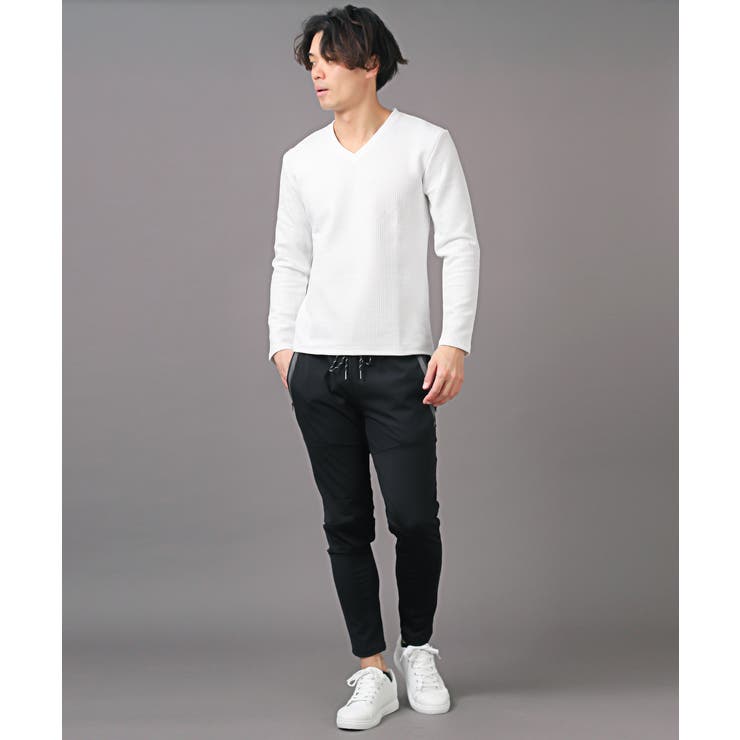 ロンT・メンズ・長袖Tシャツ・Vネック・ワッフル生地・無地・凸凹・メンズロンT・メンズTシャツ・長袖・Tシャツ・トップス・カットソー・インナー・無地T