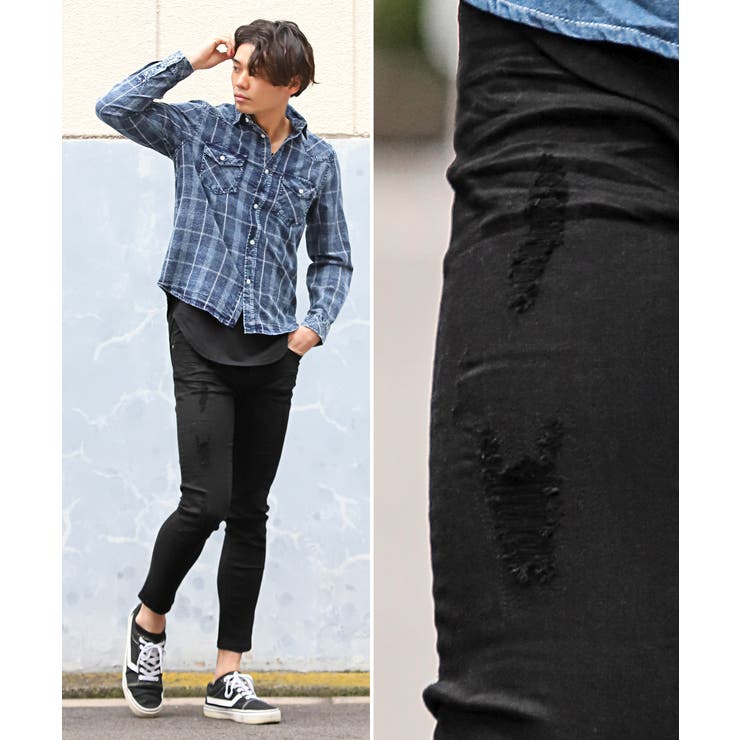 スキニーパンツ・メンズ・デニム・クラッシュ加工・リペア・メンズパンツ・スキニーデニム・ダメージパンツ・ブラックデニム・アンクル丈・ストレッチ