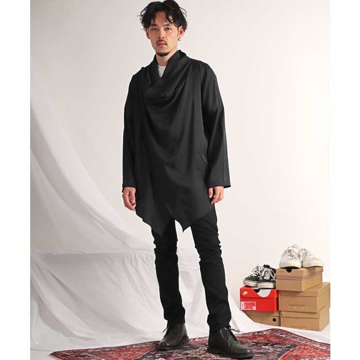 ロンT・メンズ・長袖・ロングスリーブ・無地・ドレープ・ポンチョ・長袖Tシャツ・カットソー・トップス・レーヨン・ビッグシルエット・ルーズ・ブラック