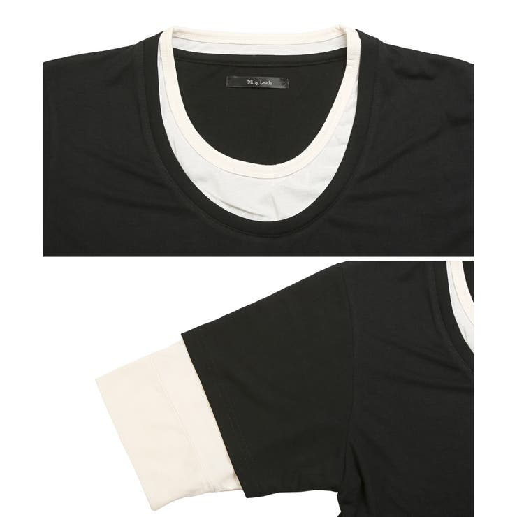 天竺フェイクレイヤード5分袖Tシャツ・重ね着風・白・黒・シンプル・レディース・ユニセックス・カジュアル・ストリート・春・夏・秋