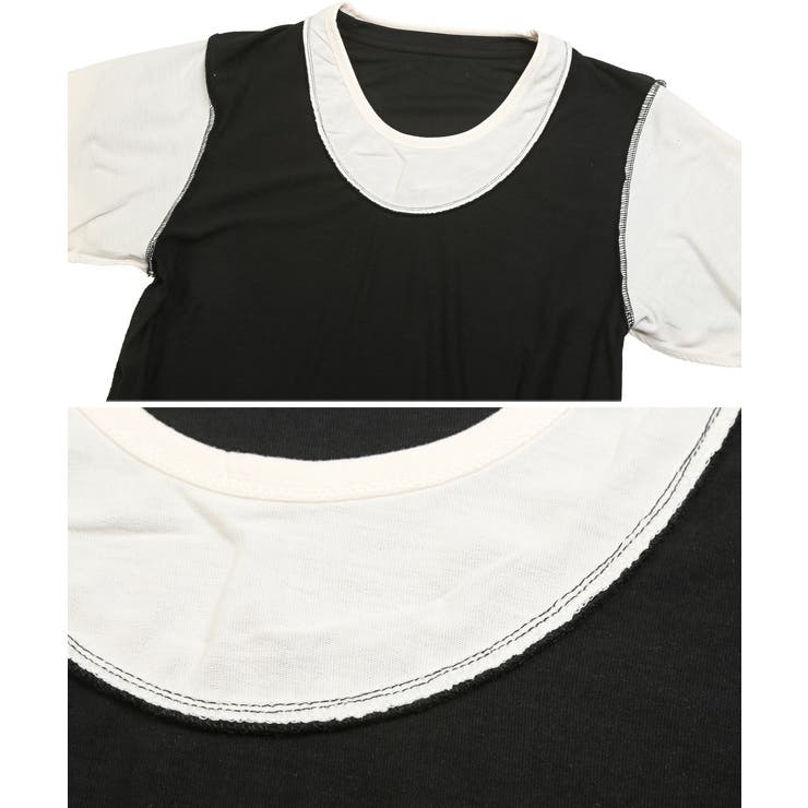 天竺フェイクレイヤード5分袖Tシャツ・重ね着風・白・黒・シンプル・レディース・ユニセックス・カジュアル・ストリート・春・夏・秋