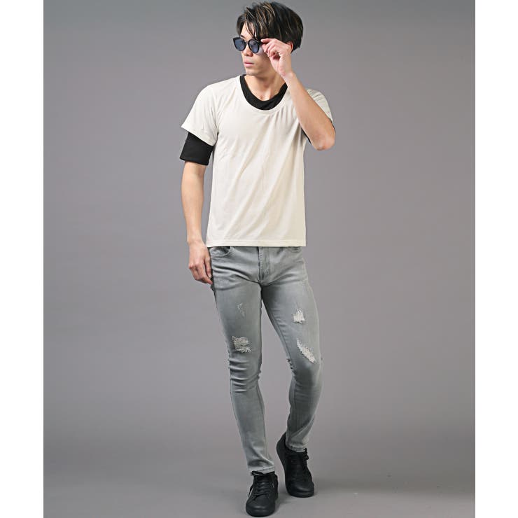 天竺フェイクレイヤード5分袖Tシャツ・重ね着風・白・黒・シンプル・レディース・ユニセックス・カジュアル・ストリート・春・夏・秋