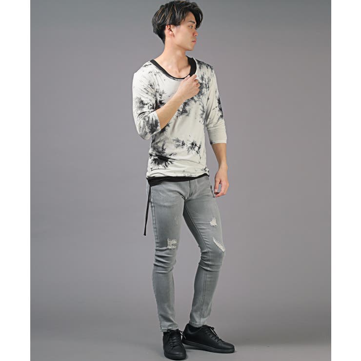 送料無料・タイダイ染め7分袖Tシャツ＆アシンメトリータンクトップ・7分袖Tシャツ・メンズTシャツ・トップス・V系・病み系・モード