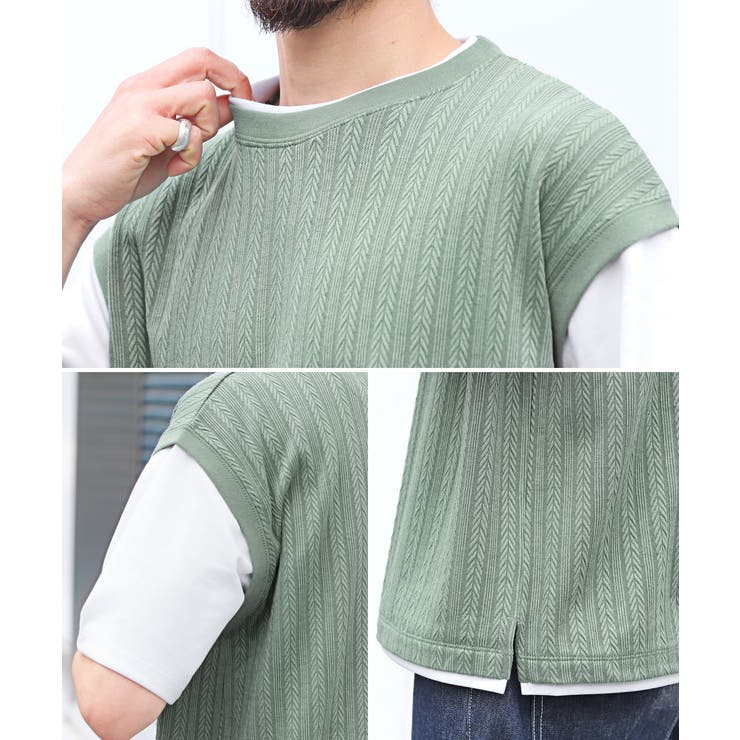 ベストフェイクレイヤード半袖Tシャツ・メンズTシャツ・カットソー・トップス・ビッグシルエット・ゆったり・シンプル・カジュアル・大人