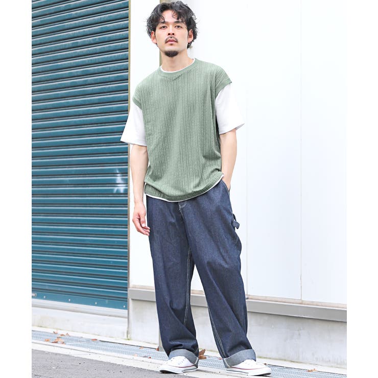 ベストフェイクレイヤード半袖Tシャツ・メンズTシャツ・カットソー・トップス・ビッグシルエット・ゆったり・シンプル・カジュアル・大人