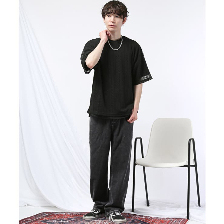 ネックレス付きレース半袖Tシャツ・トップス・ユニセックス・重ね着・ビッグシルエット・透かし編み・シンプル・韓国・おしゃれ・セット商品