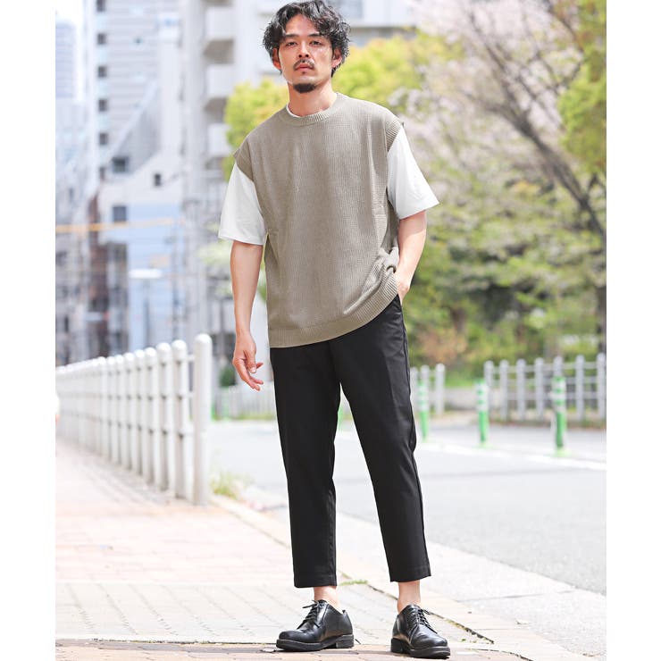 サマーニットベスト×半袖Tシャツセット・半袖Tシャツ・ベスト・2P・重ね着・ゆったり・ビッグシルエット・学生・スクール・通勤・学校・お洒落