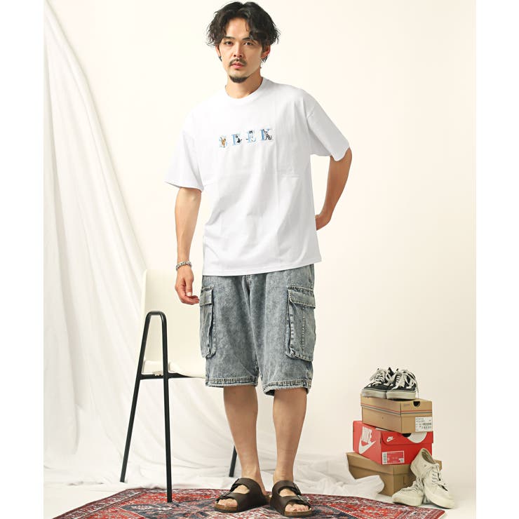 猫刺繍ロゴ半袖Tシャツ・ビッグTシャツ・ネコ・ユニセックス・ペア・オーバーサイズ・カジュアル・ストリート・モード・韓国