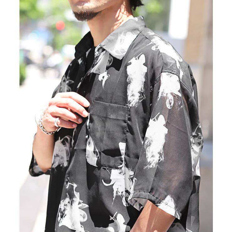 総柄オーガンジー半袖シャツ・メンズシャツ・ユニセックス・透け感・モノクロ・モノトーン・おしゃれ・ブランド・カジュアル・モード・大人