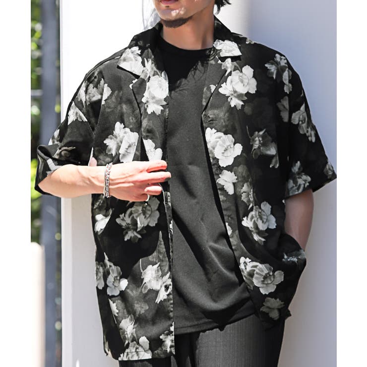 rokh ロク 花柄 ドッキングオープンカラーシャツ 半袖 L相当 極美品 花柄オープンカラーシャツ / 開襟 半袖 ブラウス メンズ