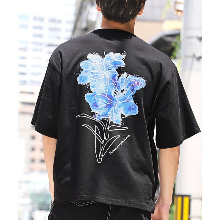 バックフラワープリントロゴ刺繍半袖Tシャツ・メンズTシャツ・プリントTシャツ・ビッグTシャツ・オーバーサイズ・ストリート・韓国・大きめ