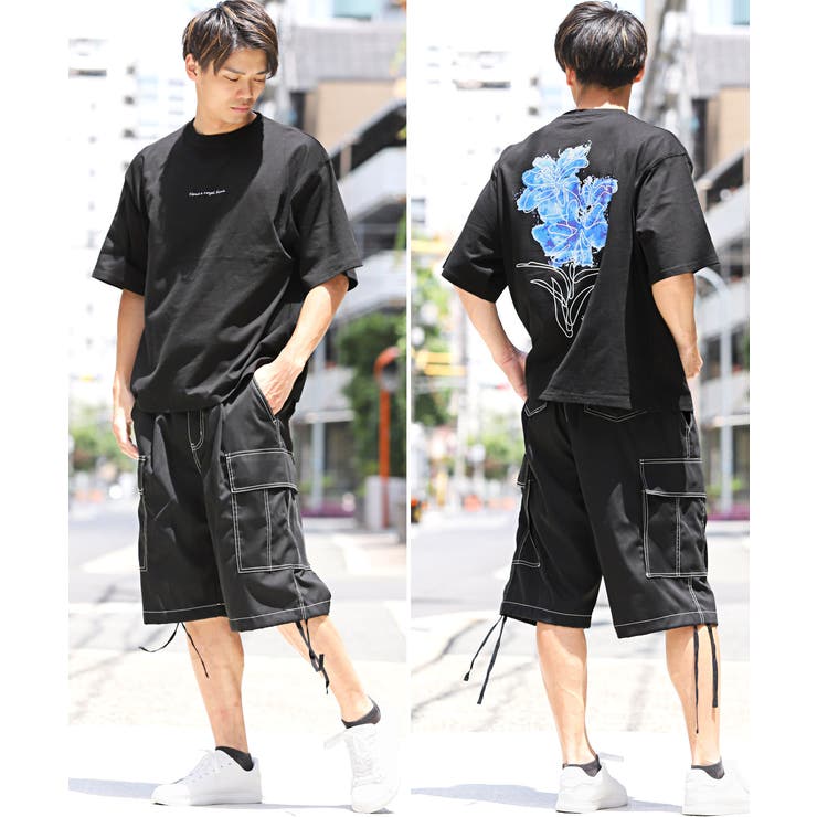 バックフラワープリントロゴ刺繍半袖Tシャツ・メンズTシャツ・プリントTシャツ・ビッグTシャツ・オーバーサイズ・ストリート・韓国・大きめ