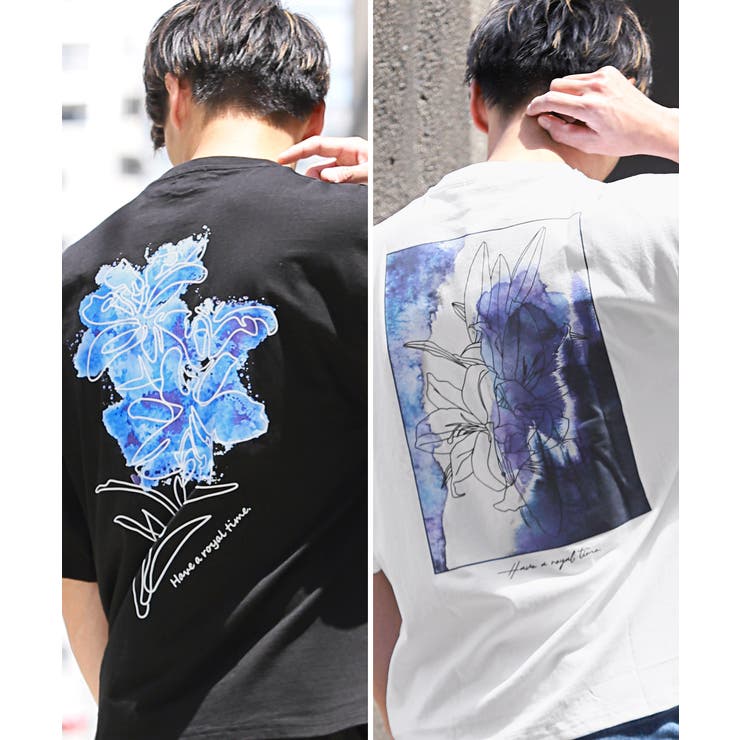バックフラワープリントロゴ刺繍半袖Tシャツ・メンズTシャツ・プリントTシャツ・ビッグTシャツ・オーバーサイズ・ストリート・韓国・大きめ