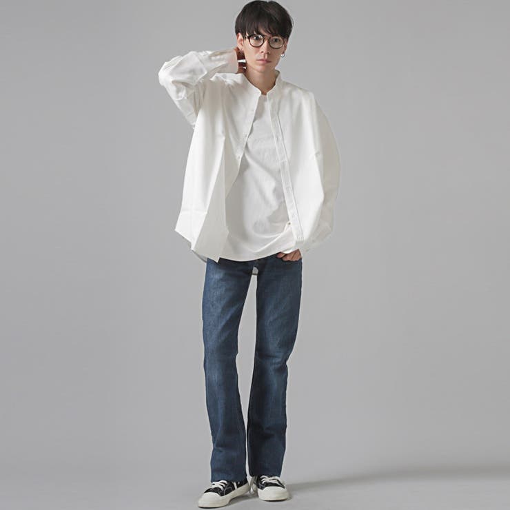 無地バンドカラービッグ長袖シャツ・ユニセックス・男女兼用・ルーズ・シンプル・上品・きれいめ・韓国・モード・カジュアル・ストリート