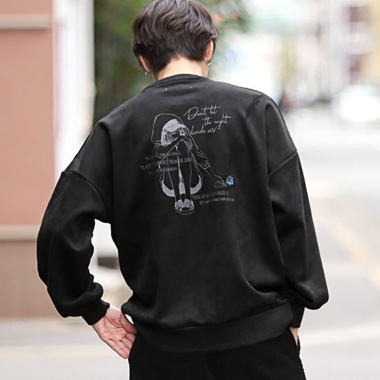 薔薇刺繍ガールイラストバックプリントスエードトレーナー・ユニセックス・男女兼用・カジュアル・ストリート・韓国