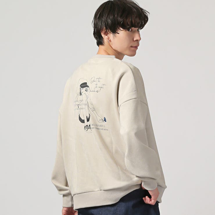 薔薇刺繍ガールイラストバックプリントスエードトレーナー・ユニセックス・男女兼用・カジュアル・ストリート・韓国