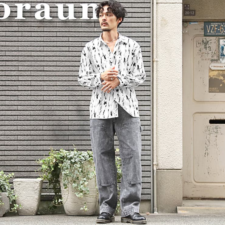 総柄レギュラーカラー長袖シャツ・カットソー・ユニセックス・男女兼用・上品・きれいめ・カジュアル・モード・大人・韓国・おしゃれ