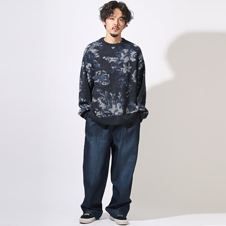ニット・長袖・メンズ・レディース・セーター・ニットソー・オーバーサイズ・大きいサイズ・フェザーヤーン・フラワー・花柄・総柄・秋冬