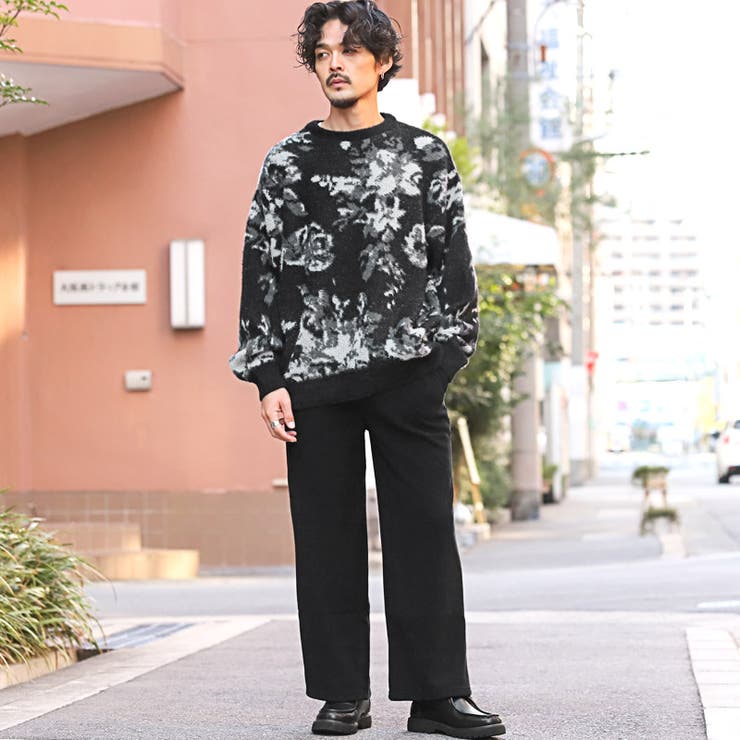 ニット・長袖・メンズ・レディース・セーター・ニットソー・オーバーサイズ・大きいサイズ・フェザーヤーン・フラワー・花柄・総柄・秋冬
