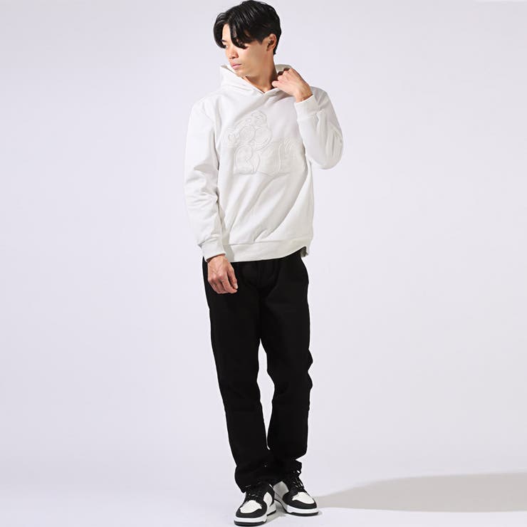 RUMSODA(ラムソーダ)合皮アップリケ刺繍パーカー・ユニセックス・男女兼用・春・秋・カジュアル・ストリート・大人・部屋着・ビター系