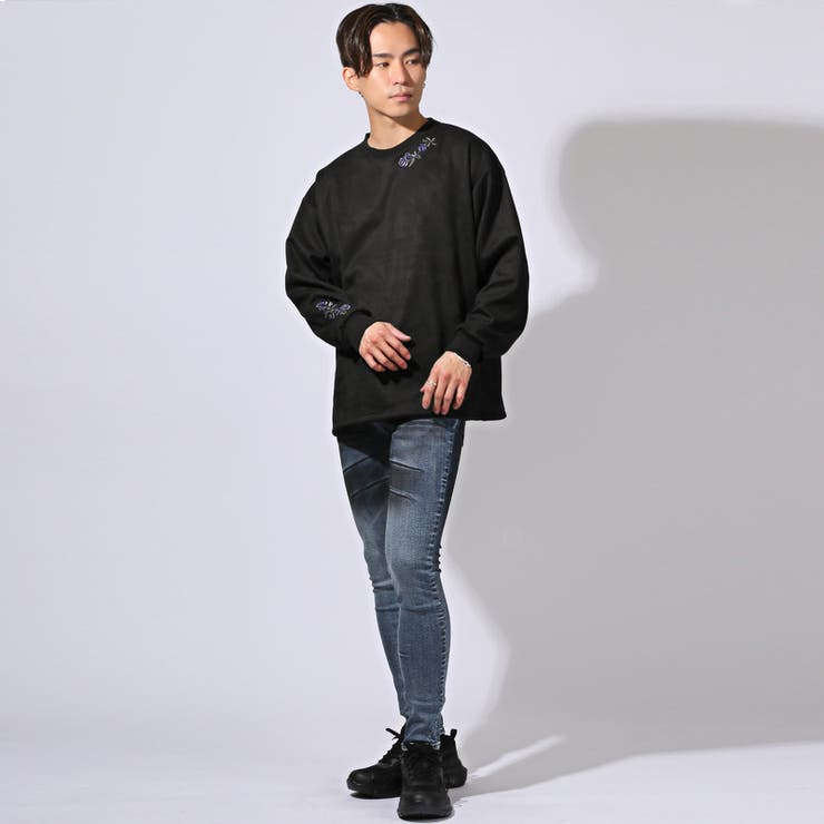 ローズ刺繍ポリスエードロンT・ホワイト・白・ブラック・黒・チャコール・クルーネック・トップス・ユニセックス・大人・きれいめ・シンプル