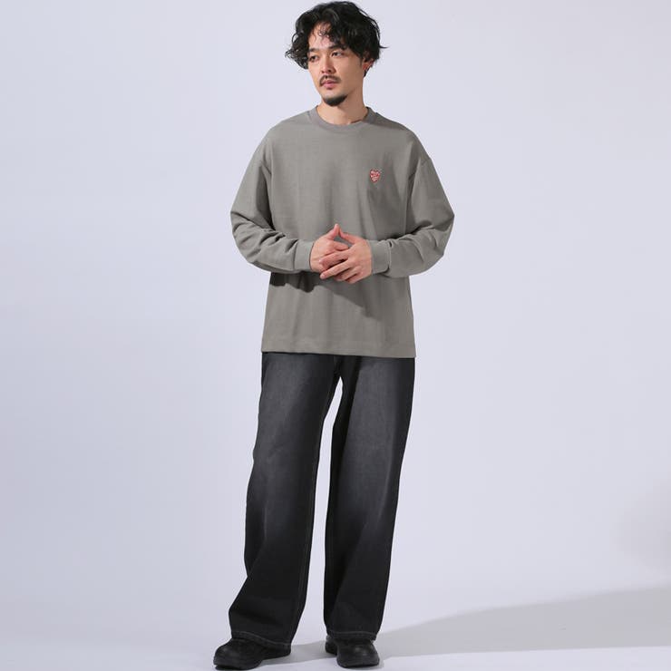 ロンT・Tシャツ・トップス・長袖・メンズ・ワンポイント・刺繍・ロゴ・ハート・速乾・ドライテック・クルーネック・リブ・ドロップショルダー・オーバーサイズ・春服・秋服