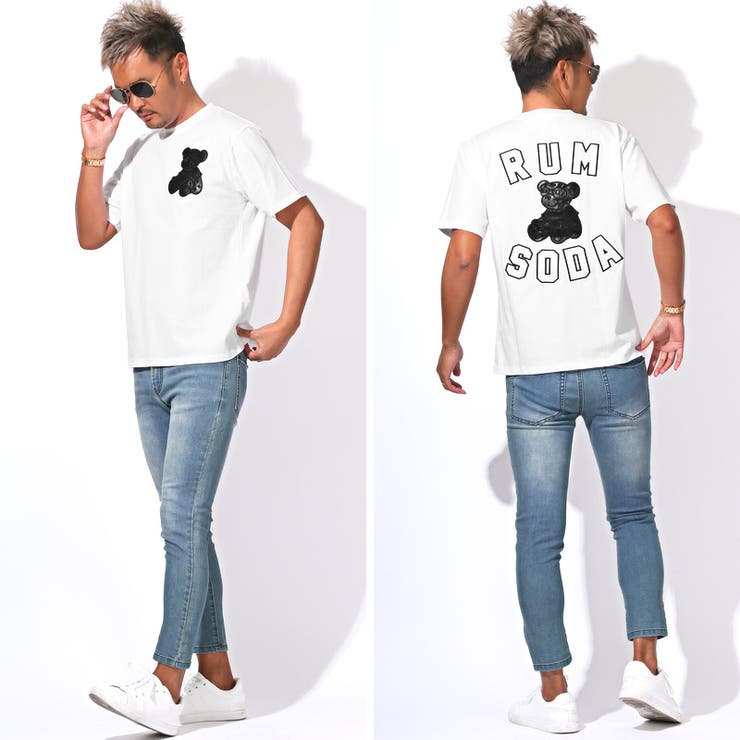 送料無料・RUMSODA・ラムソーダ・RUMSODA・ラムソーダ・Tシャツ・半袖・トップス・カットソー・メンズ・ブランド・バックプリント・PUレザー・刺繍・ワッペン・アップリケ・天竺・ロゴ・クマ・テディベア・綿100・白・黒・ホワイト・ブラック・春・夏・20代・30代・40代