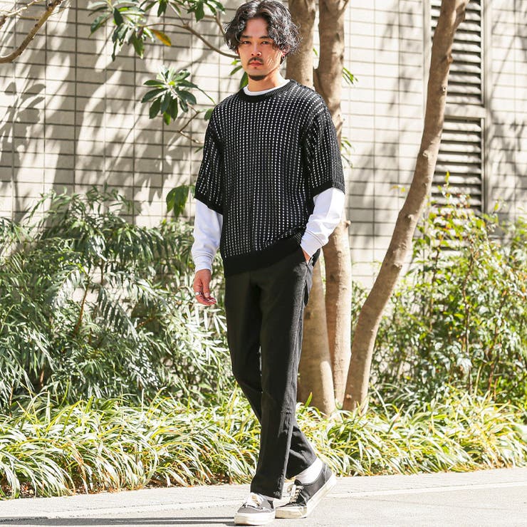 Tシャツ・半袖・重ね着・ニット・セーター・レイヤード・メンズ・メッシュ・透かし編み・7G・トップス・カットソー・接触冷感・涼しい・サマー・無地・通気性・丸首・クルーネック・ルーズ・レーヨン・春服・夏服・秋服・20代・30代・カジュアル