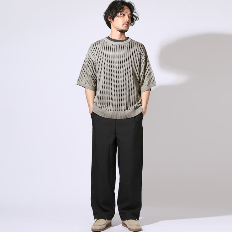 Tシャツ・半袖・重ね着・ニット・セーター・レイヤード・メンズ・メッシュ・透かし編み・7G・トップス・カットソー・接触冷感・涼しい・サマー・無地・通気性・丸首・クルーネック・ルーズ・レーヨン・春服・夏服・秋服・20代・30代・カジュアル