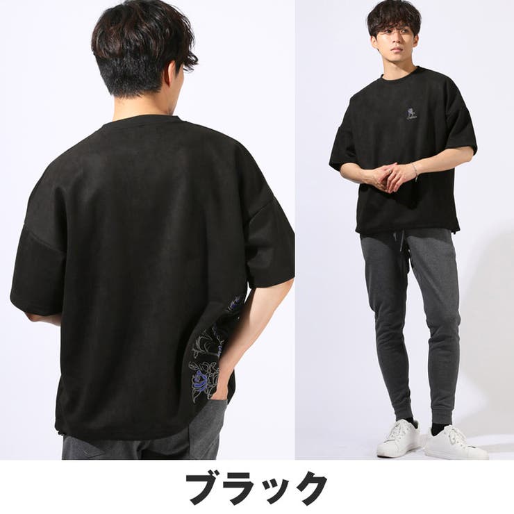 Tシャツ・半袖・トップス・カットソー・メンズ・スエード・フェイクスエード・フラワー・花・薔薇・バラ・ロゴ・刺繍・ドローコード・ワンポイント・大きいサイズ・ビッグシルエット・カジュアル・春服・夏服・10代・20代・30代