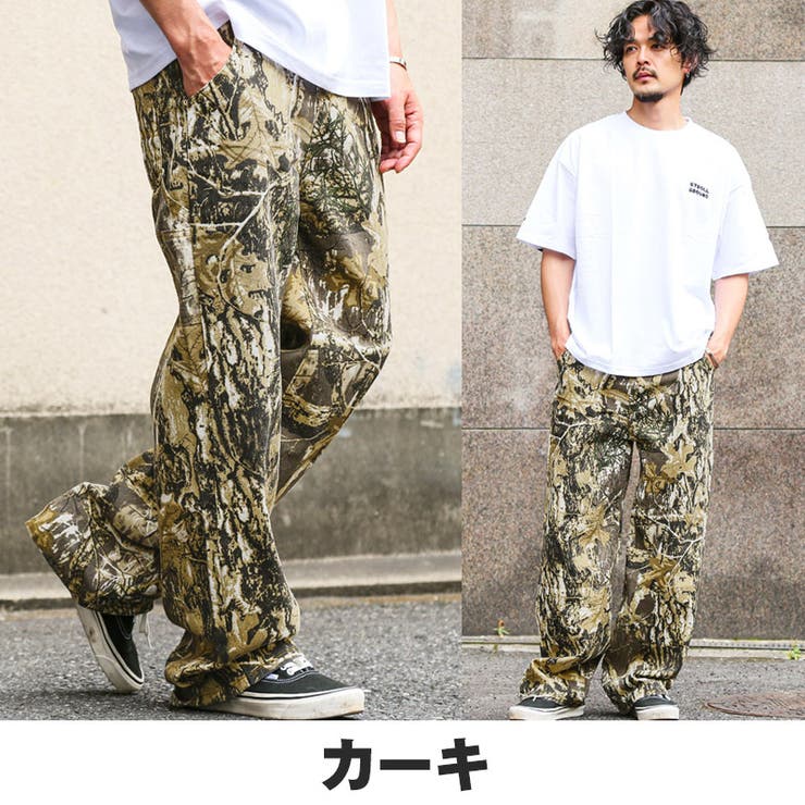 デニムパンツ・ワイドパンツ・ペインターパンツ・ワークパンツ・メンズ・リアルツリー・迷彩柄・カモフラージュ・カーゴ・ミリタリー・総柄・太め・サイドポケット・ルーズ・カーキ・春服・夏服・秋服・冬服・通年・オールシーズン