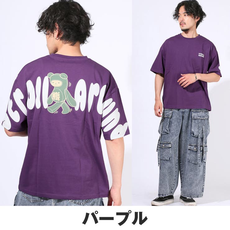 Tシャツ・半袖・トップス・カットソー・メンズ・バックプリント・アーチロゴ・くま・熊・ベアー・テディベア・キャラクター・綿100％・コットン・配色・ゆったり・オーバーサイズ・クルーネック・夏服・春服・ユニセックス・ストリート