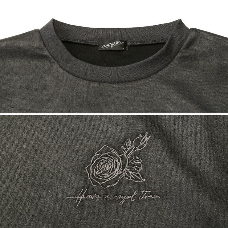 Tシャツ・半袖・トップス・カットソー・メンズ・スエード・フェイクスエード・バックプリント・フラワー・花・ロゴ・刺繍・ワンポイント・薔薇・バラ・大きいサイズ・ビッグシルエット・カジュアル・モード・春服・夏服・10代・20代・30代