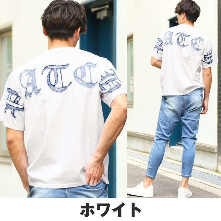 Tシャツ・半袖・トップス・カットソー・メンズ・デニム・アップリケ・ロゴ・ブラックレター・刺繍・綿・コットン・ダメージ・ゆったり・オーバーサイズ・クルーネック・カジュアル・アメカジ・夏・ユニセックス・シンプル・ストリート