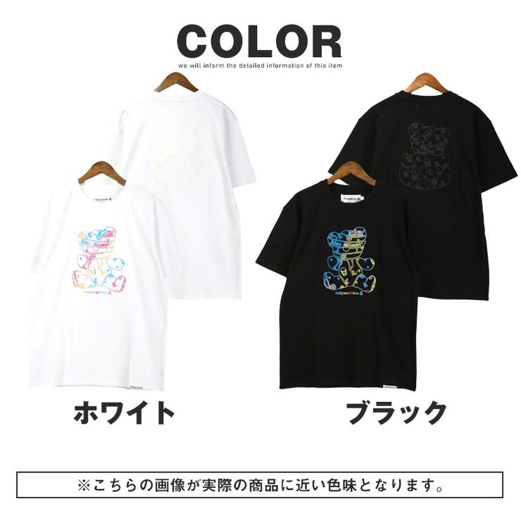 送料無料・Hollywood・rich.&・ハリウッドリッチドットアンド・Tシャツ・半袖・メンズ・トップス・半袖Tシャツ・ブランド・綿・コットン・プリント・バックプリント・レインボー・虹色・カラフル・パンク・ベア・クマ・くま・ロゴ・白・黒・ホワイト・ブラック・M・L・XL