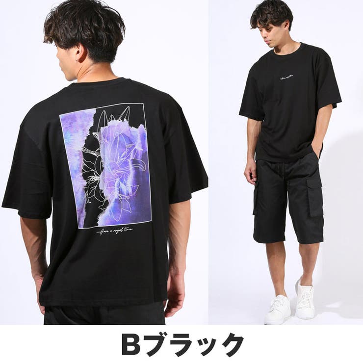 Tシャツ・半袖・メンズ・半袖Tシャツ・トップス・カットソー・オーバーサイズ・大きいサイズ・ビッグシルエット・ゆったり・バックプリント・プリントTシャツ・グラフィック・花・フラワー・花柄・ロゴ・刺繍・ワンポイント・白T・黒T・ブラック・ネイビー・紺・杢グレー