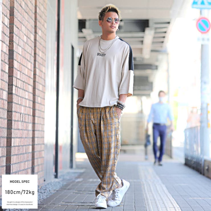 チェックパンツ メンズ ワイドパンツ[品番：LU000009819