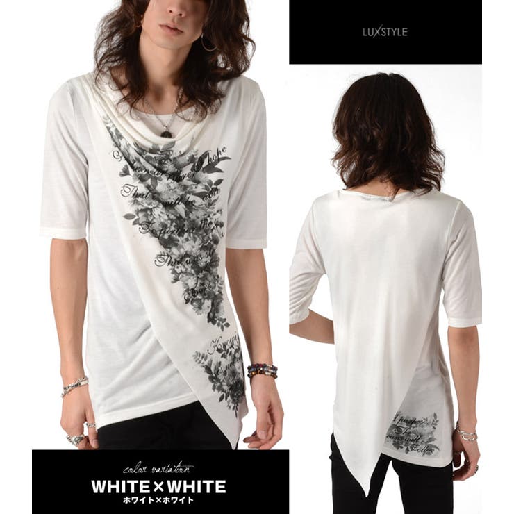 V系 カットソーメンズTシャツファッション お兄系5分袖アシメ