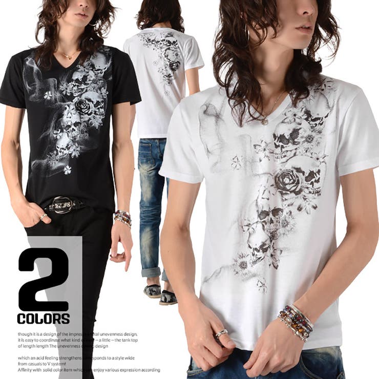 V系 カジュアル メンズTシャツカットソーVネックスカルプリント | LUXSTYLE | 詳細画像1 