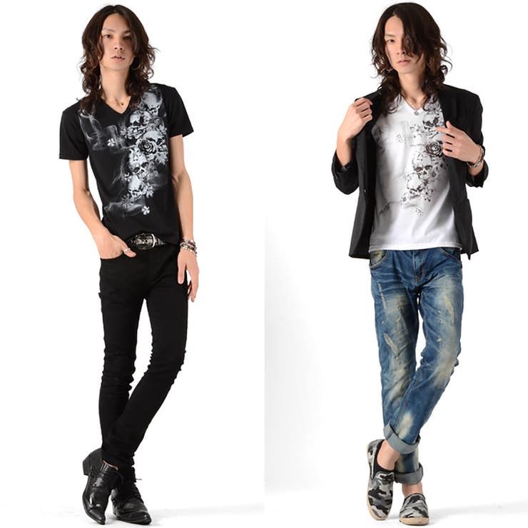 V系 カジュアル メンズTシャツカットソーVネックスカルプリント | LUXSTYLE | 詳細画像7 