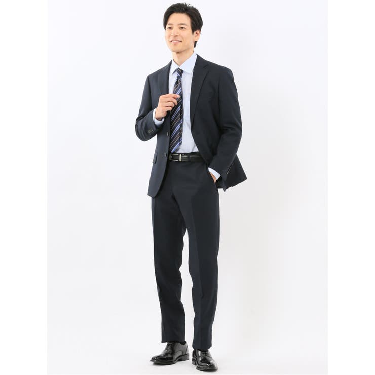 ウール混ストレッチ レギュラーフィット 2ボタン2ピーススーツ 無地紺 | TAKA-Q MEN | 詳細画像1 