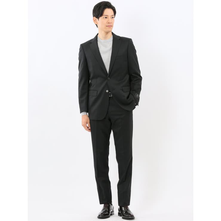 ウール混ストレッチ スリムフィット 2ボタン2ピーススーツ 無地黒 | TAKA-Q MEN | 詳細画像1 