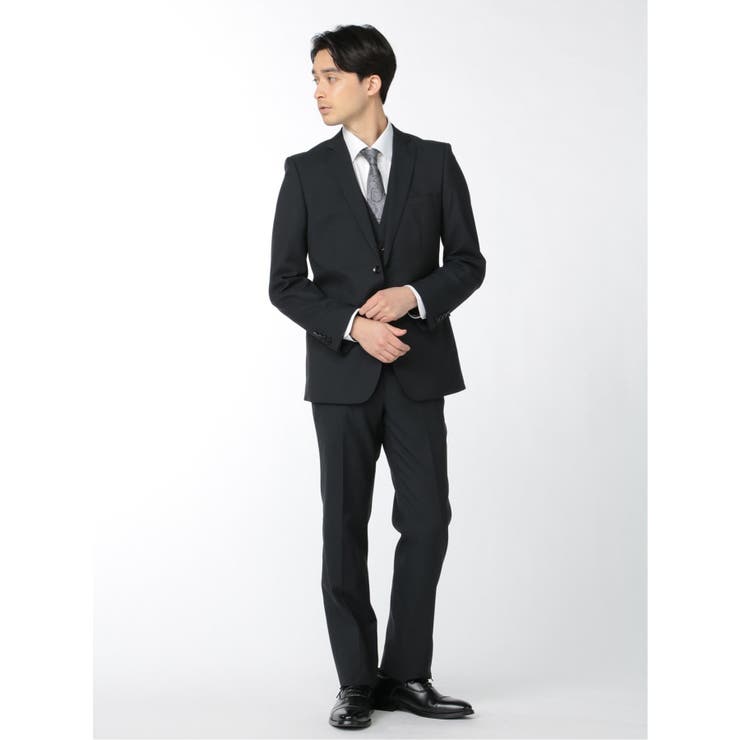 光沢ストレッチ スリムフィット 2ボタン3ピーススーツ 市松紺