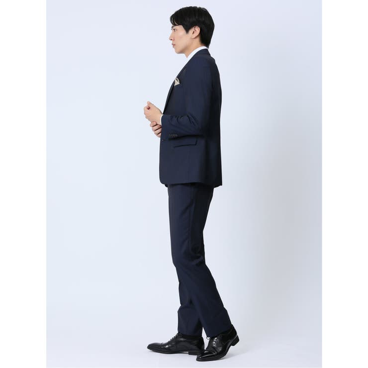 光沢ストレッチ スリムフィット 2ボタン3ピーススーツ ヘリンボン紺 | TAKA-Q MEN | 詳細画像2 