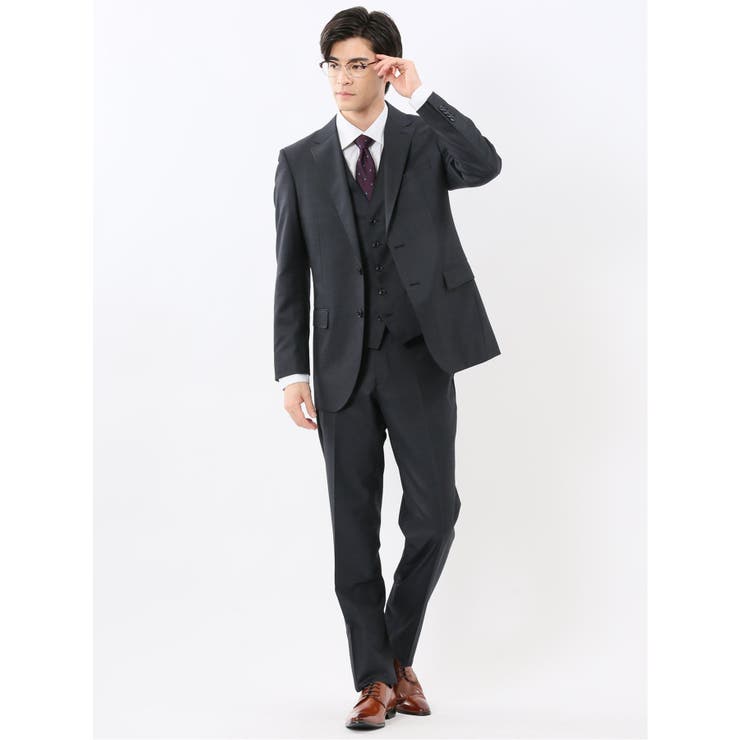 光沢ウール混 スリムフィット 2ボタン3ピーススーツ メランジ紺 | TAKA-Q MEN | 詳細画像1