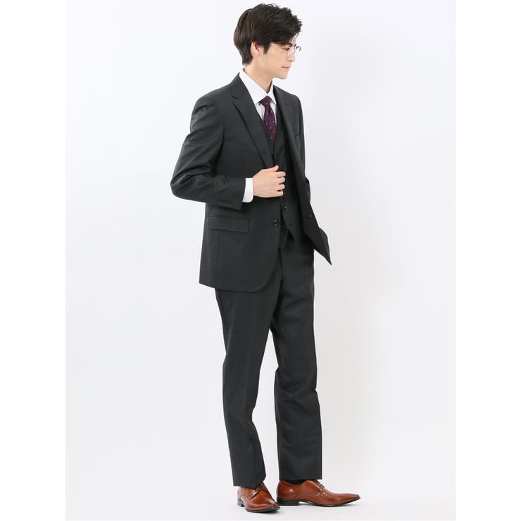 光沢ウール混 スリムフィット 2ボタン3ピーススーツ メランジ紺 | TAKA-Q MEN | 詳細画像4