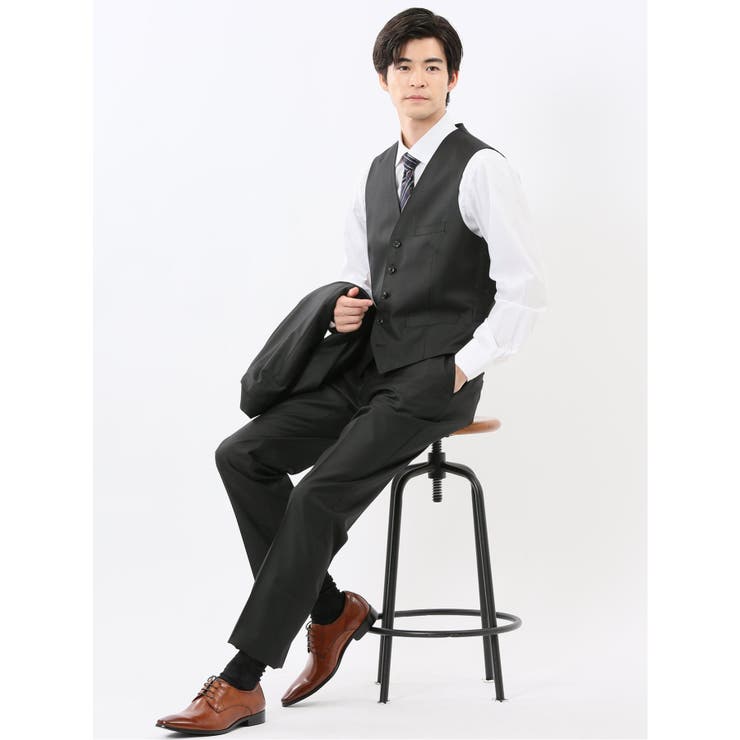 光沢ウール混 スリムフィット 2ボタン3ピーススーツ シャドーストライプ黒 | TAKA-Q MEN | 詳細画像1 